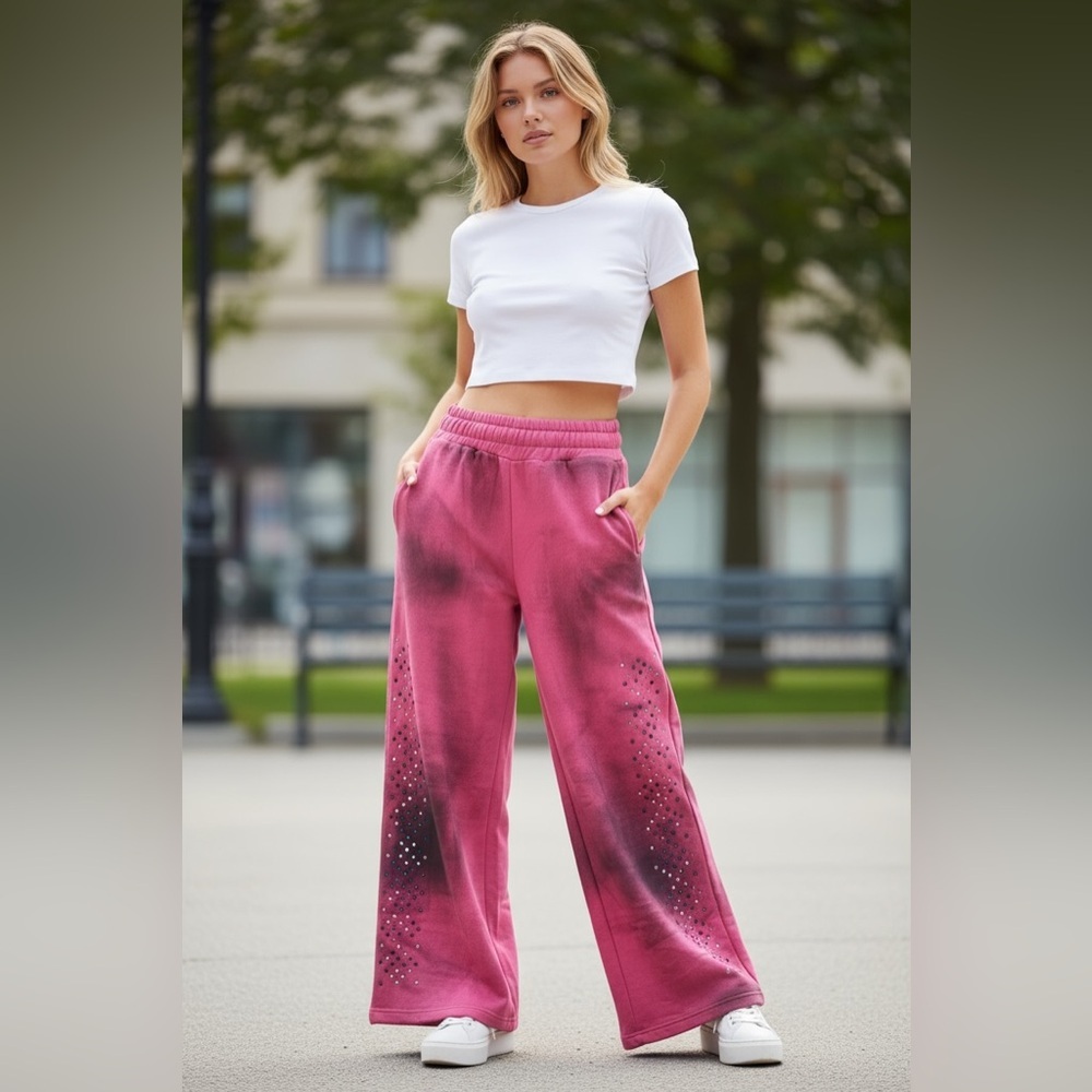 Stylish Pink Tie-Dye Women's High-Rise Wide Leg SweatPants